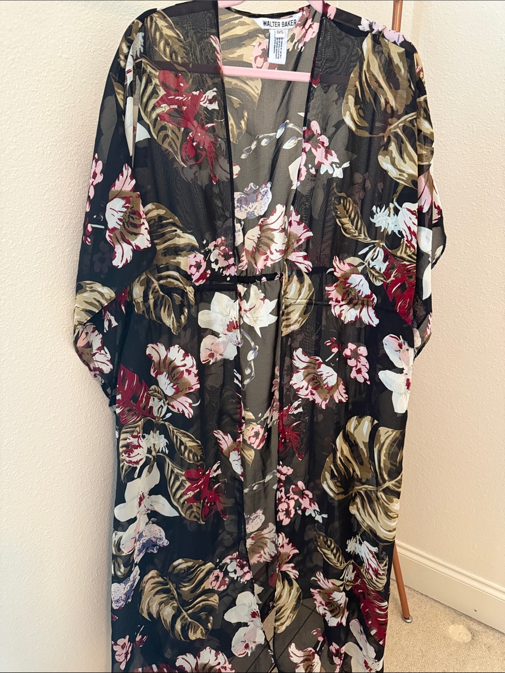 Walter Baker Black Floral Sheer Kimono with Burgundy, Cream & Olive Leaves